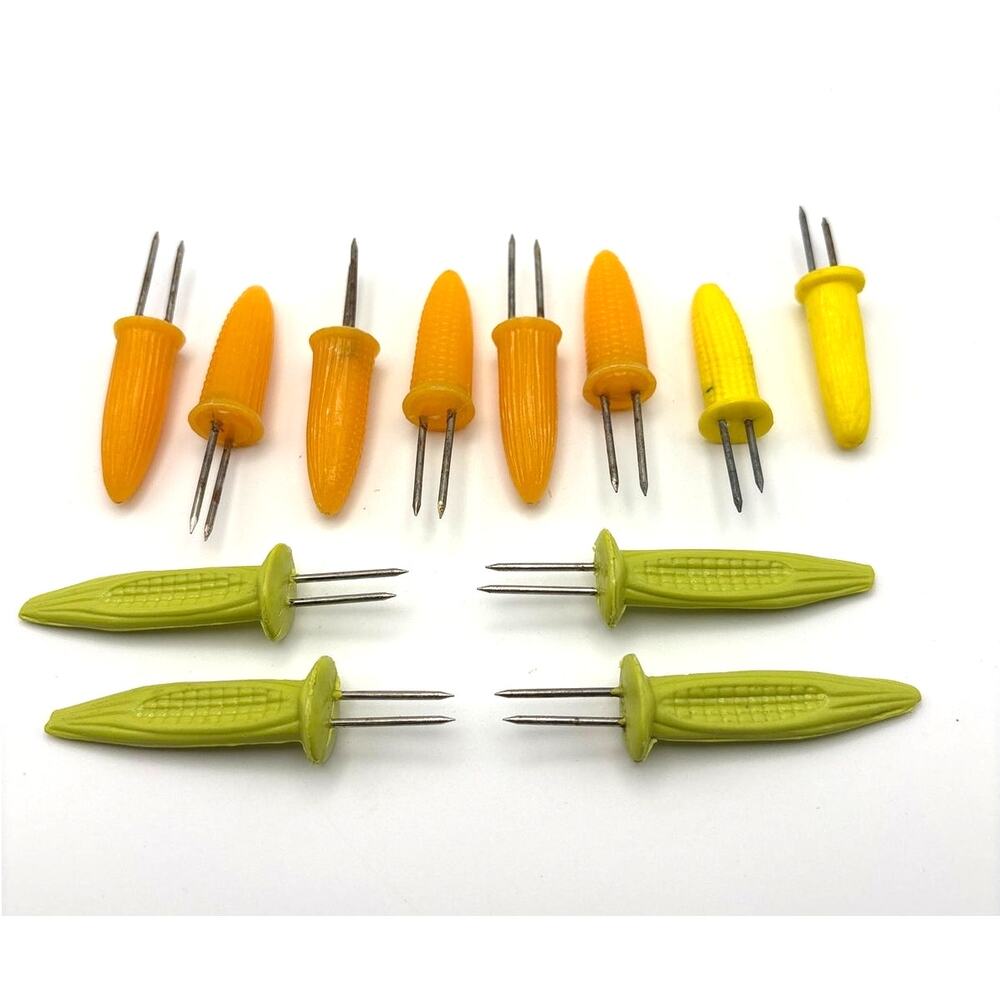 Vintage Corn on the Cob Skewers Yellow Green Plastic Corn Holders Asst Set of 6